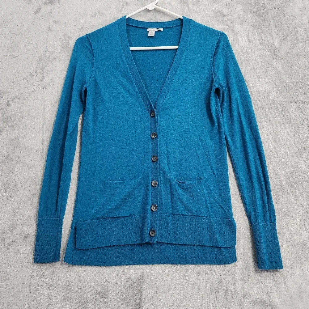 Halogen Cardigan Sweater Womens‎ XS Blue Merino Wool V-Neck Button Front Pockets